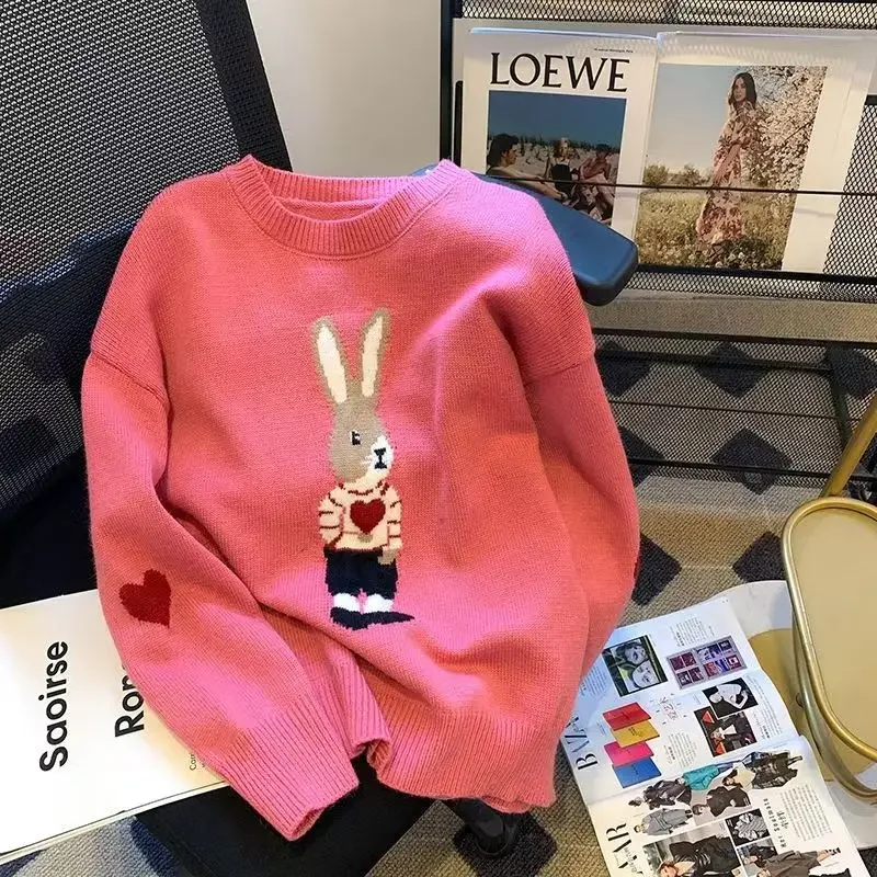 

Korean Fashion Y2k Sweaters Cartoon Rabbit Jacquard O Neck Long Sleeve Knit Pullovers Autumn Loose All Match Women Clothing 2024