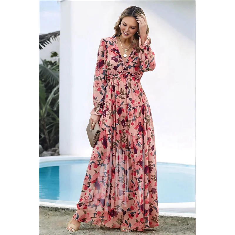ABRT-Abito maxi Boho da donna con scollo a V, maniche lunghe, volant, linea ad A, abiti in chiffon con altalena divisa