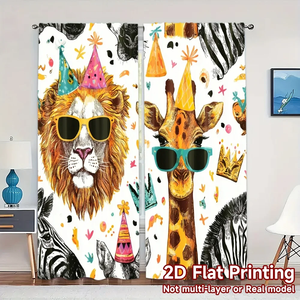 2pcs, 2D FLAT PRINTING Curtains (Without Rod) Safari Party(1) Chic Curtain Cloth Versatile Fabric Curtains Holiday Use for