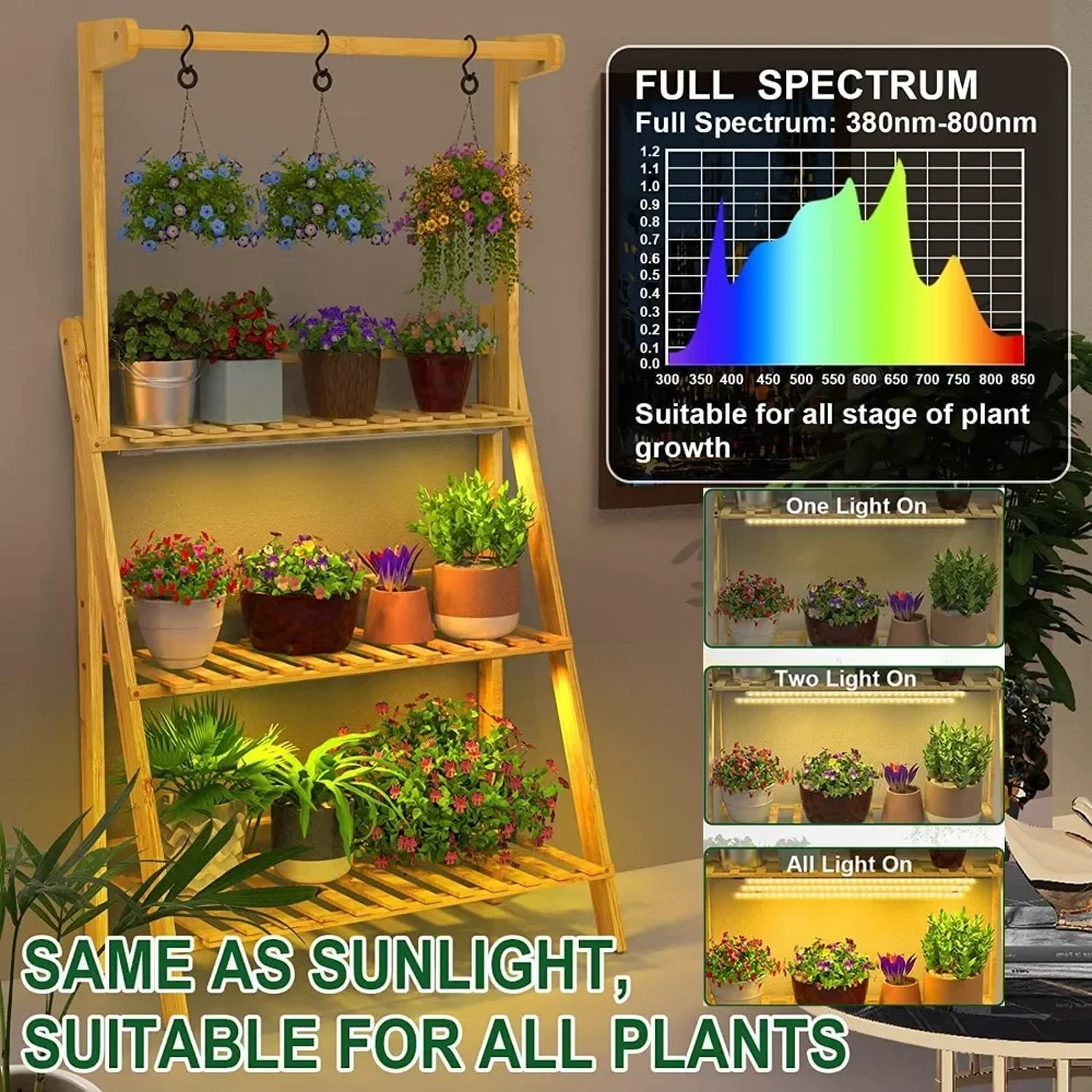 Plant Stand with Grow Lights Corner  Bamboo Hanging Plant Shelf 3 Tier 12 Potted Tall Flower Pot Holder with LED Light Stand