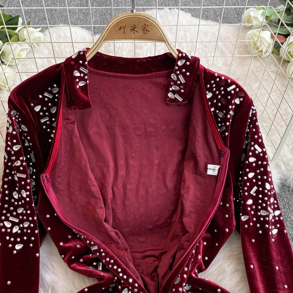 Sexy Bodycon Long Sleeve O Neck Glitter Sequin Rhinestone Velvet Dress Chic Elegant Vestidos Vintage Autumn Women Fashion Dress