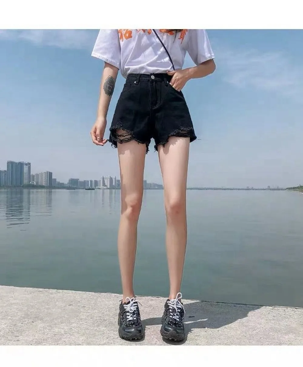 Trendige Dehnbare Jeans-Shorts für Damen, Hochgeschnittene Zerrissene Denim-Shorts mit Ausgefranstem Saum, Vielseitige Kurze Hosen für den Sommer – Detail 13