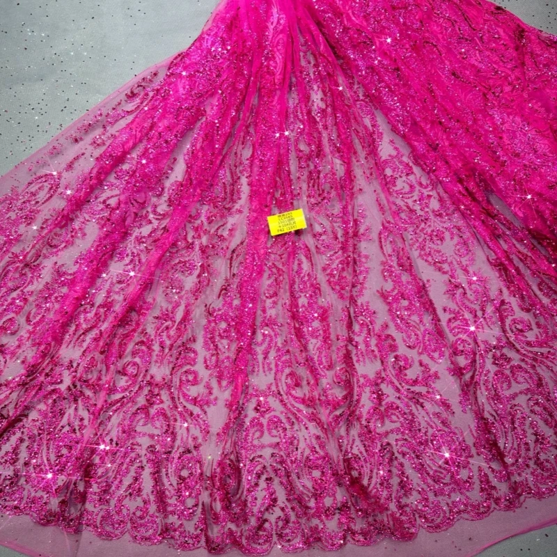 

5 Yards Rose Red Hot Sale Fadhion Design Africa Glitter Fabric Embroidery Net Lace With Glued Glitter Sequins Wedding Or Party