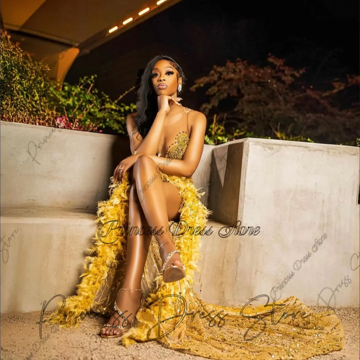 Sparkly Mermaid Prom Dress Beading Diamonds Feather Crystal Elegant Women Birthday Party Dresses 2026 Ruffles Tiered Customized