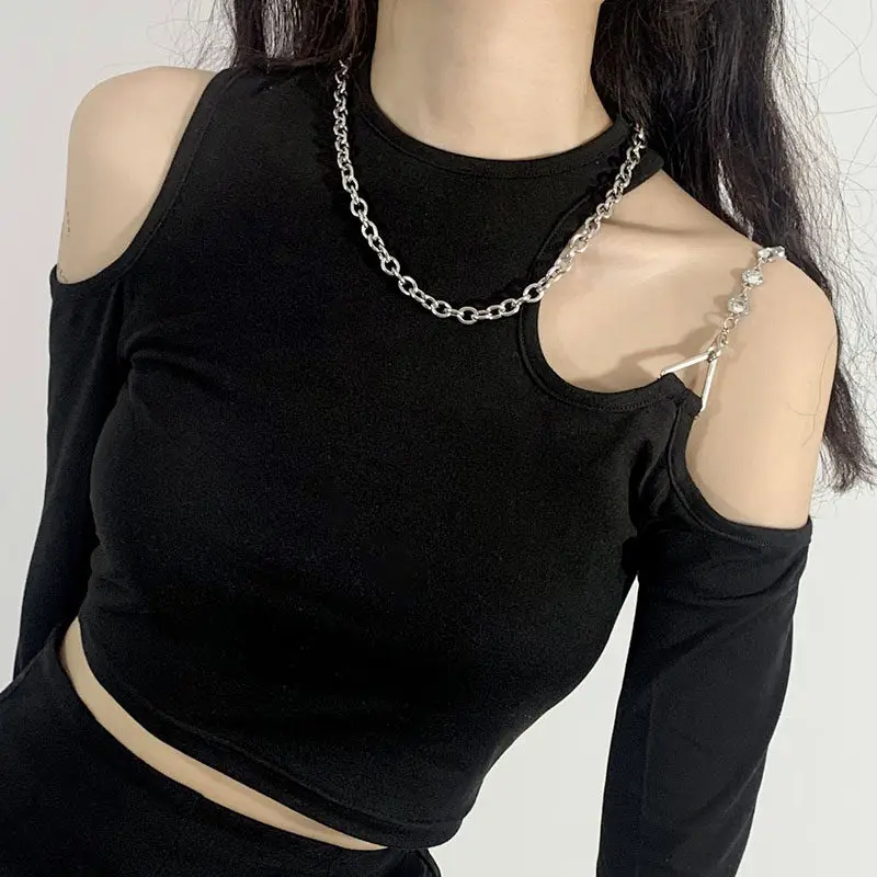 Women's Black Gothic Hollow Cropped T-shirt Y2K Gyaru Tee Top Vintage Solid Color Long Sleeve Slim T-shirt For Women Summer 2026