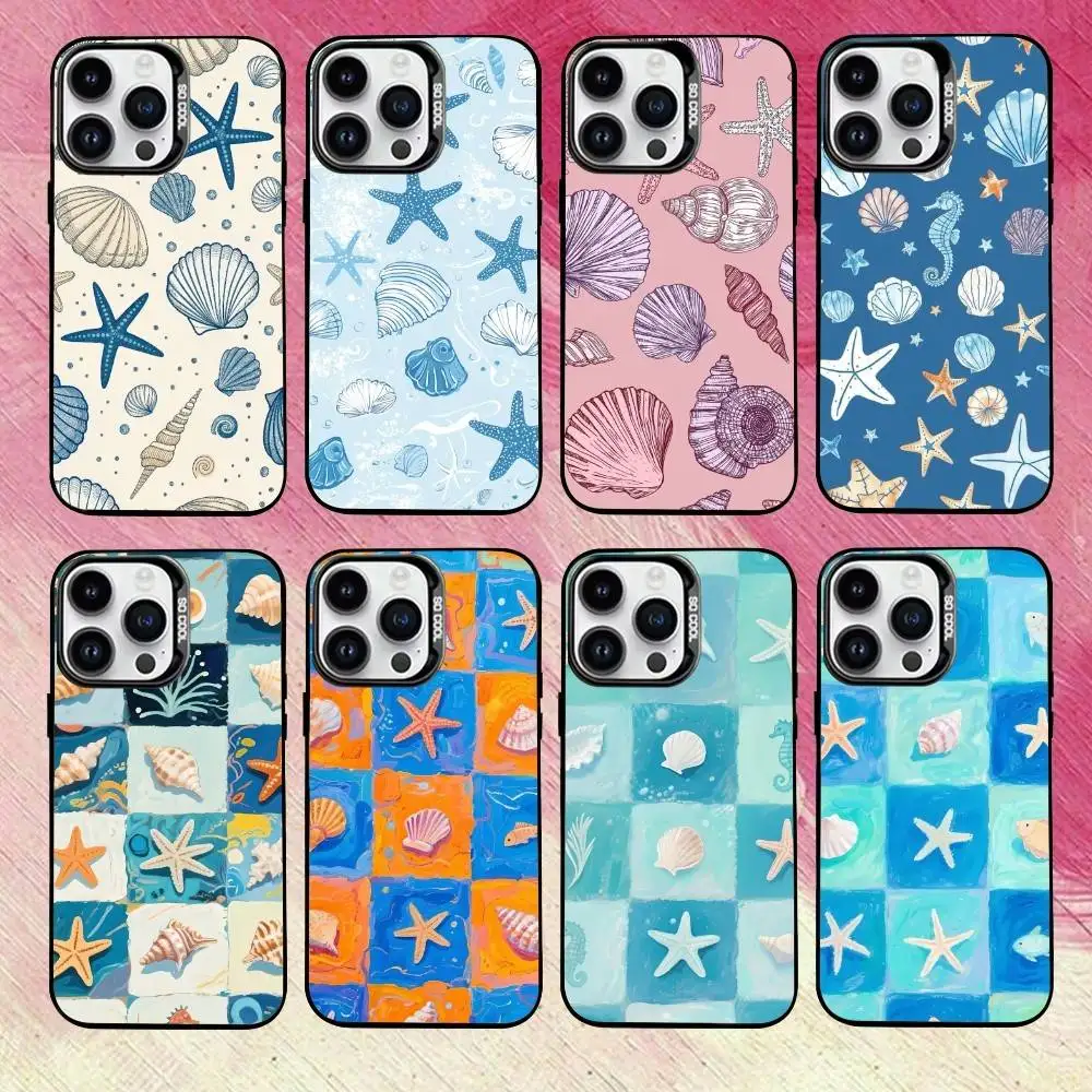 

Starfish and seashells Painting Phone Case For iPhone 17,16,15,14,13,12,11 Plus,Pro Max,XS,Colorful Silver Black Cover