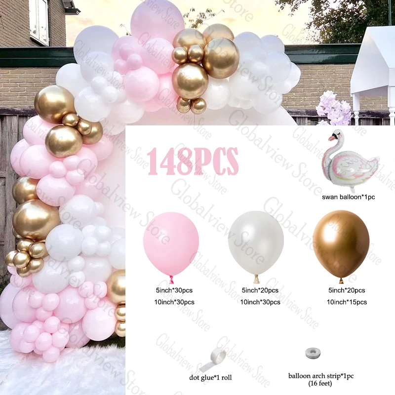 Swan Pink White Balloons Garland Kit Girl First Birthday Party Decor Baby Shower Chrome Gold Ballons Swan Themed Party decoratio