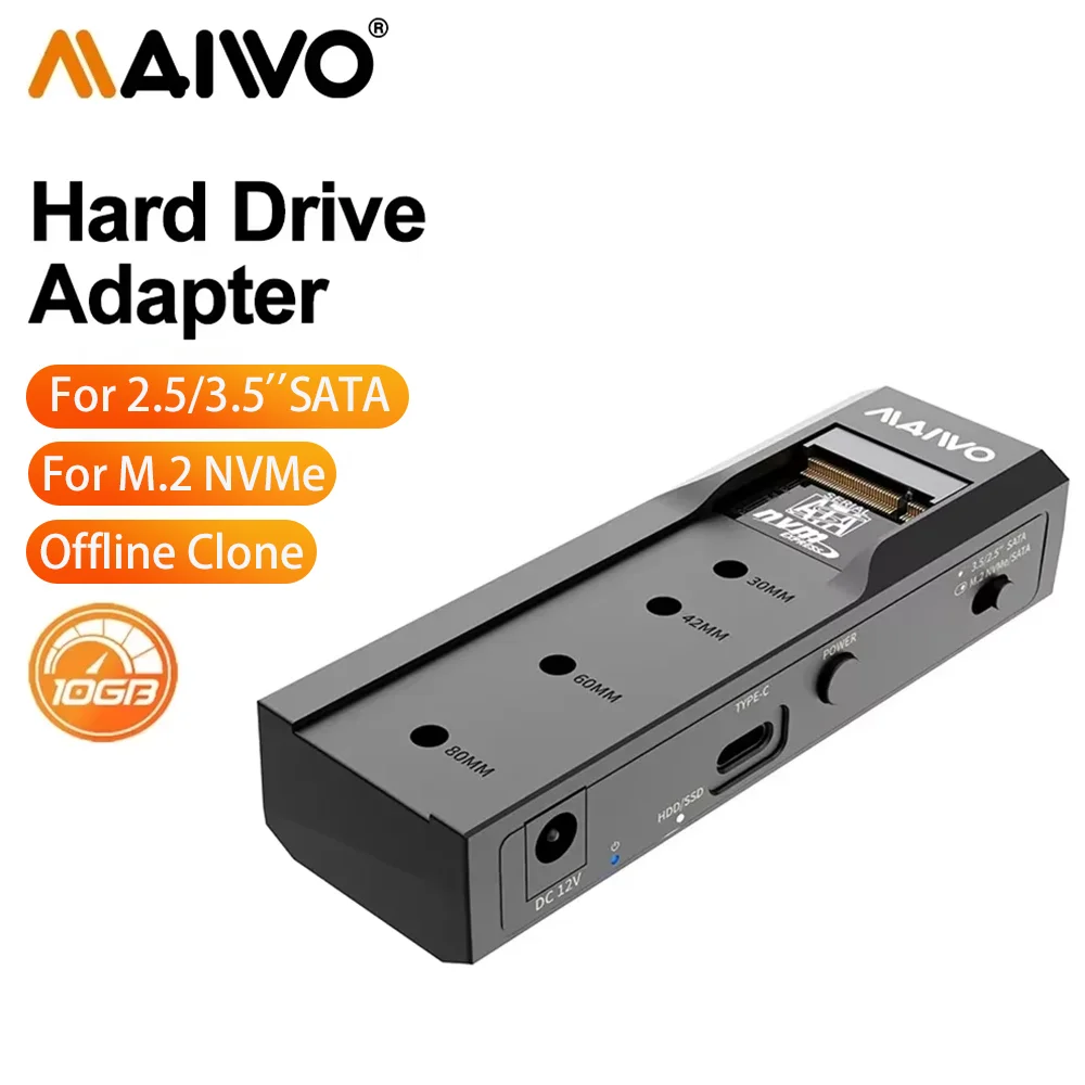MAIWO 10Gbps M.2 NVMe SSD Enclosure USB C Dual Bay 2.5' 3.5' SATA HDD SSD Docking Station for 2.5/3.5 inch SATA HDD NVMe SSD