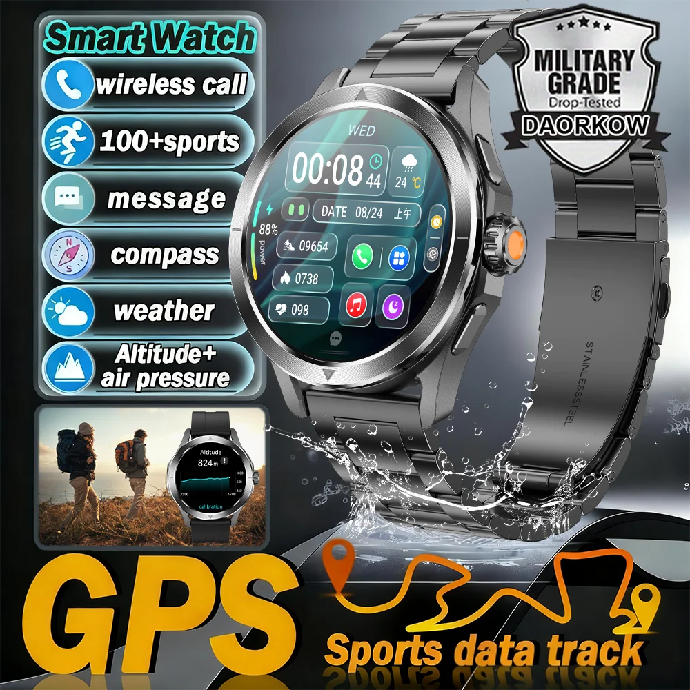 다오르코우 2025 아웃도어 스포츠 스마트워치 남성용 AMOLED 스크린 NFC GPS 나침반 심박수 방수 블루투스 통화 스마트워치