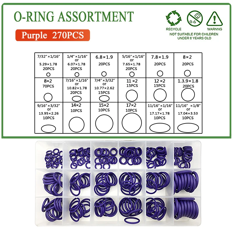 270Pcs Purple NBR O Ring Repair Kit CS 1.78/1.8/1.9/2/2.26/2.65/3.53mm Nitrile Rubber Oilproof Watertight Seal Gasket Box