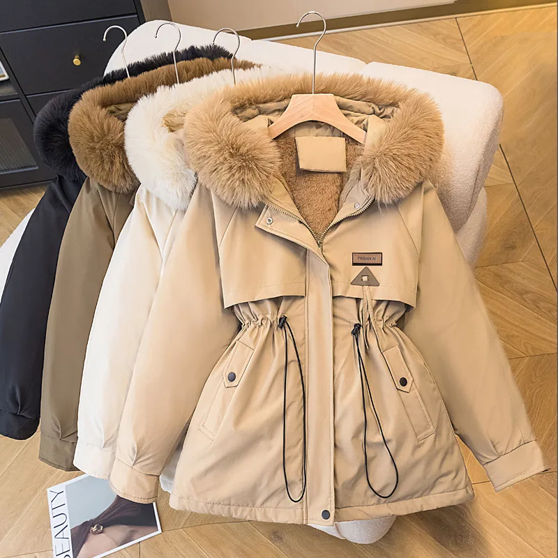 

Women'S Winter Zipper Down Cotton Padded Fleece Medi Coat Spliced Fur Cap Long Sleeve Warm Hooded Jacket Solid Puff Parkas Thick