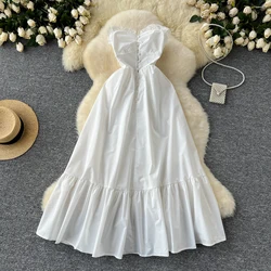 Women Chic tube top cut out Single Breasted Slim Dress Vintage Fashion Vestido Elegant summer sweet sleeveless dresses