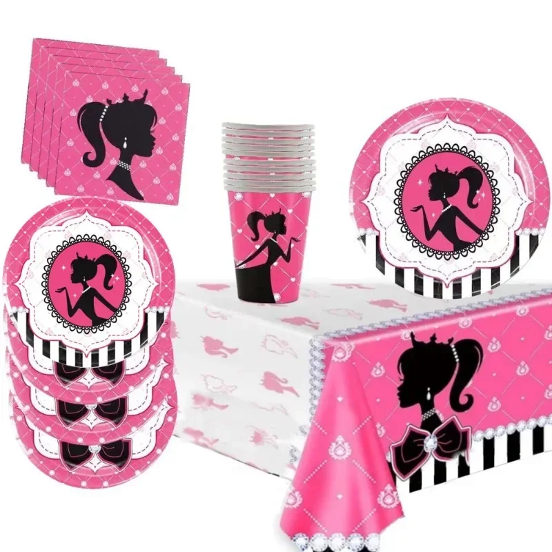 Pink themed children's birthday party disposable tableware decoration set