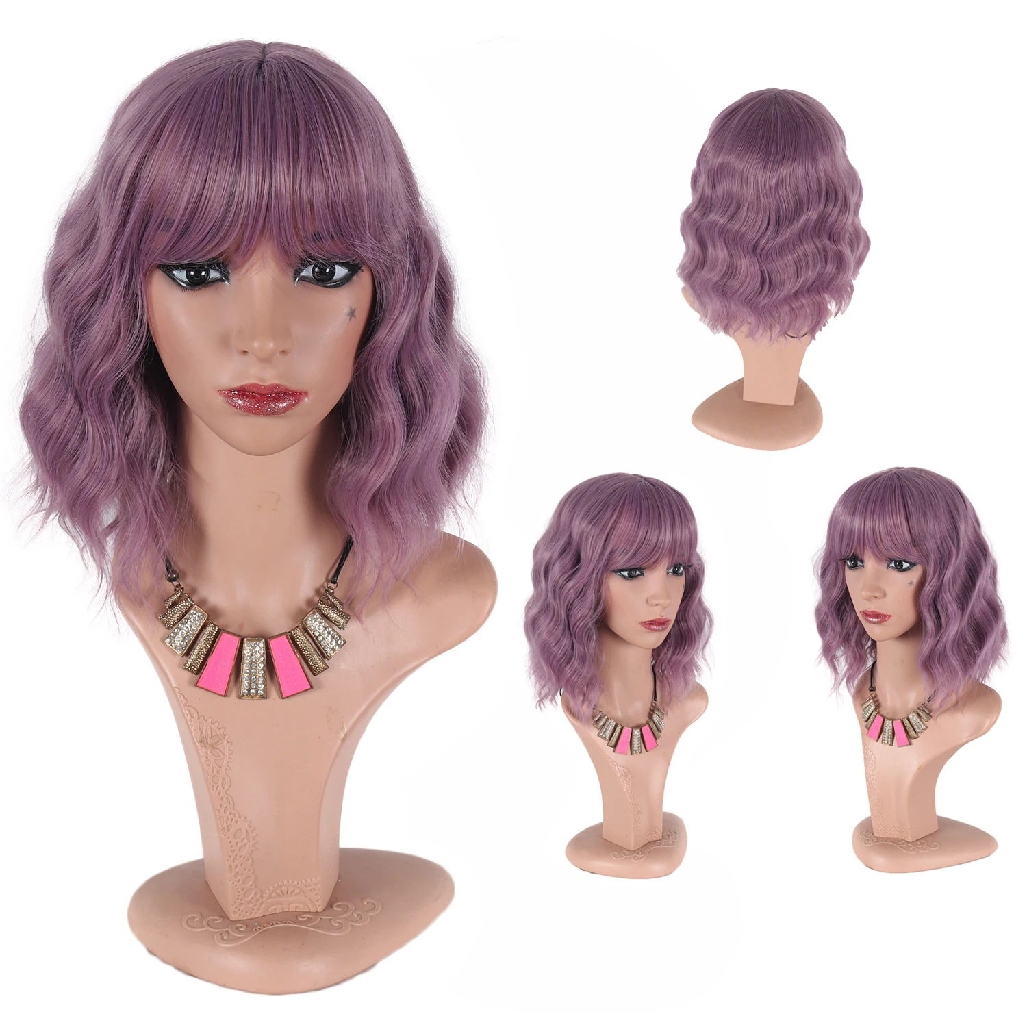 

Фиолетовый синтетический парик с волнистой текстурой и средним пробором с челкой, подходит для любого случая