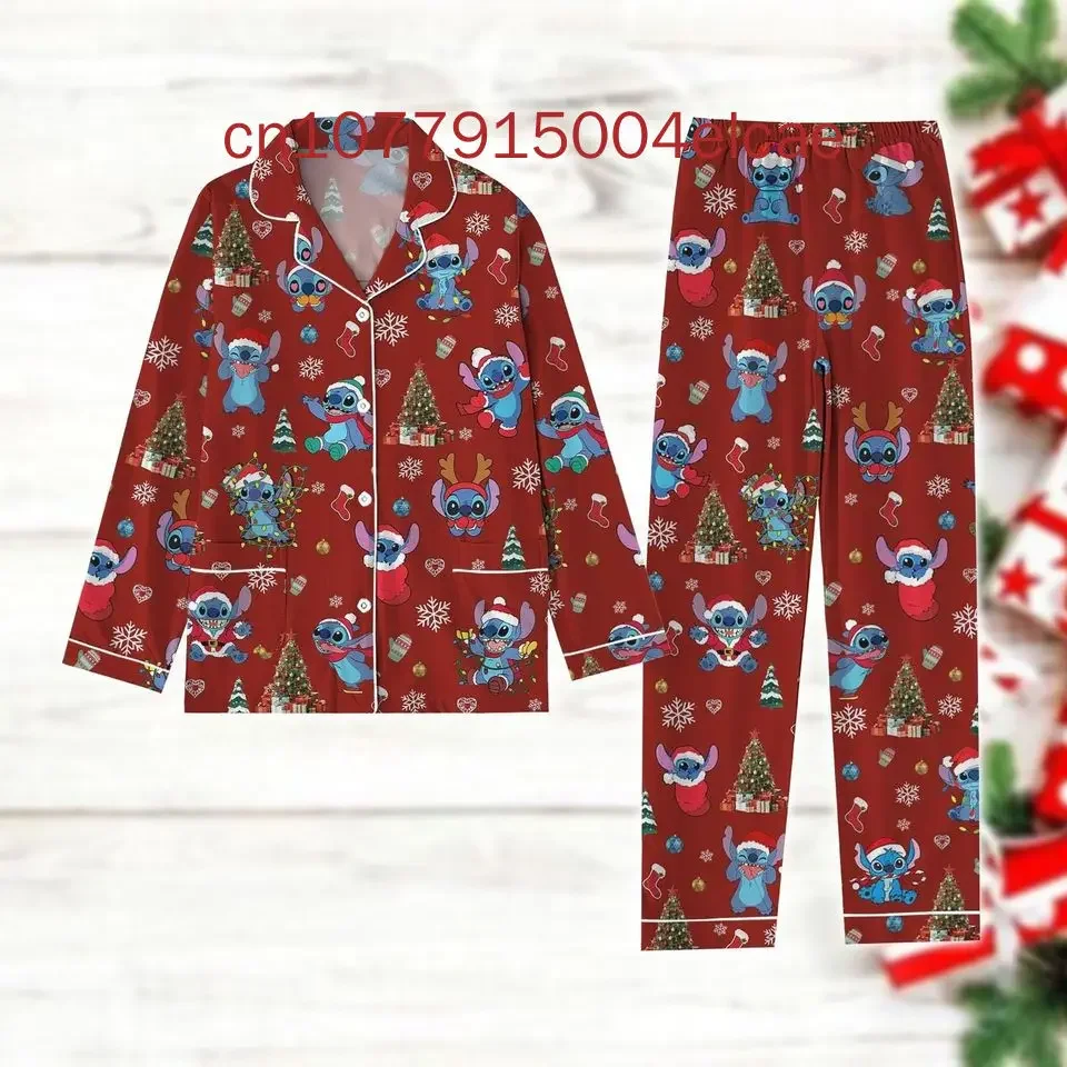 Christmas Stitch Family Pajamas Set Disney 3D Printed Casual Men\'s and Women\'s Long Sleeve Shirt Pajama Set