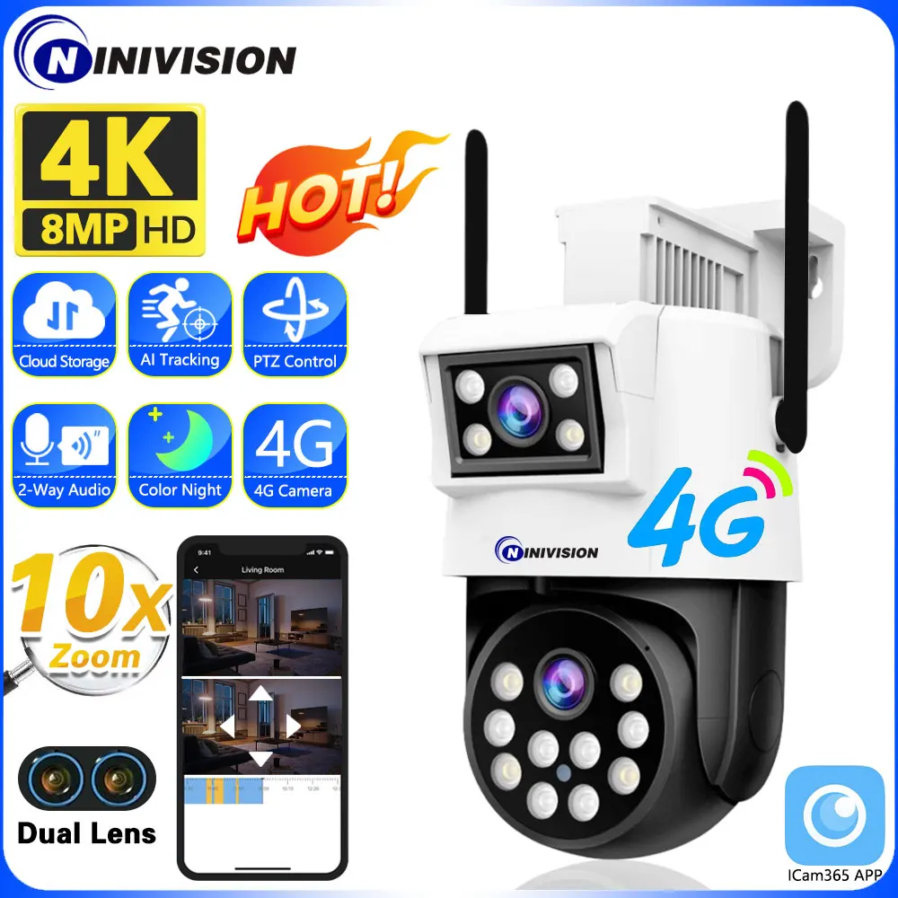 

Dual Lens 4G SIM Card IP Camera 8MP 4K Surveillance Cameras Wireless Outdoor Smart Home 10X Digital PTZ Zoom CCTV Camara ICam365