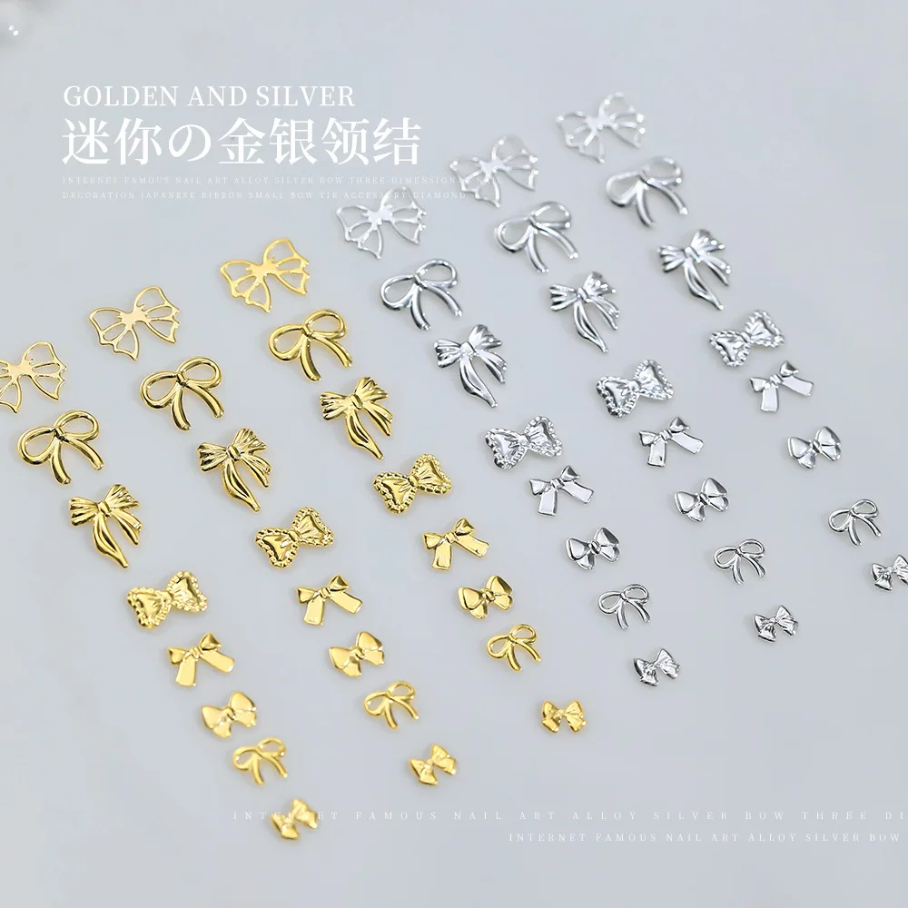 10pcs Alloy Nail Charms Mix Silver Gold Bow Ribbon Nail Art Accessories 3D Exquisite Japanese Nail Rhinestones Decorations Parts