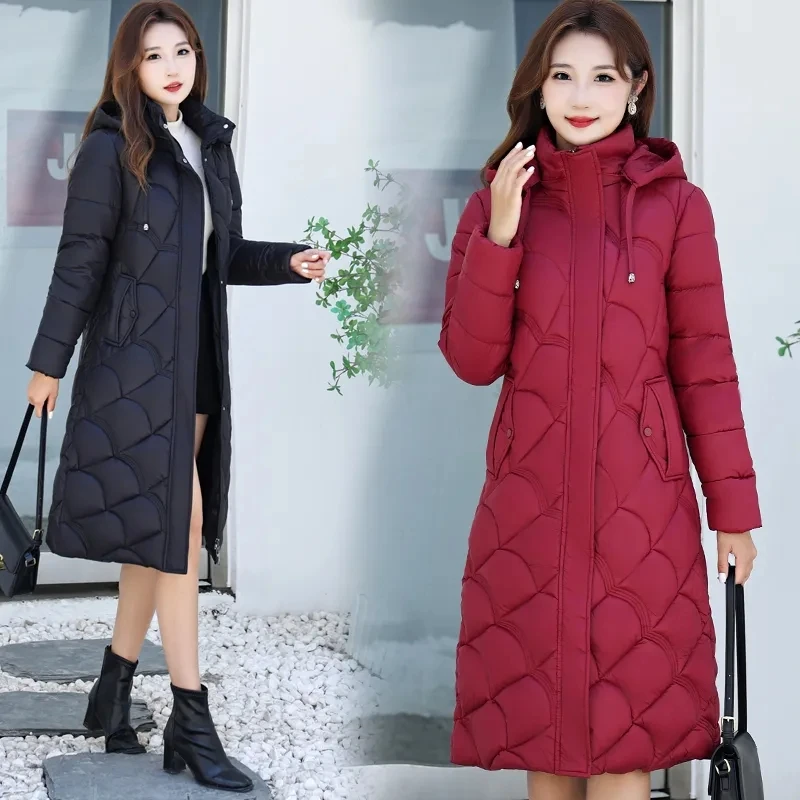 

2023 Korean Jacket Women Winter Long Parkas Solid Hooded Thicken Warm Female Snow Wear Coat Padded Loose Clothes Outwear