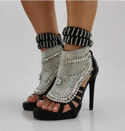 Bling Silver Rhinestone Embellished Peep Toe Sandals Women Stiletto High Heel Ankle Strap Party Wedding Dress Heels Sandals Lady view 4