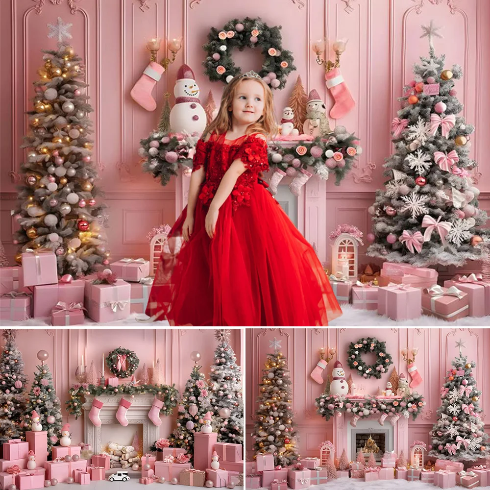 

Pink Princess Christmas Palace Backdrops Fireplace Scene Xmas Tree Gifts Girls Baby Portrait Family Party Photobooth Background