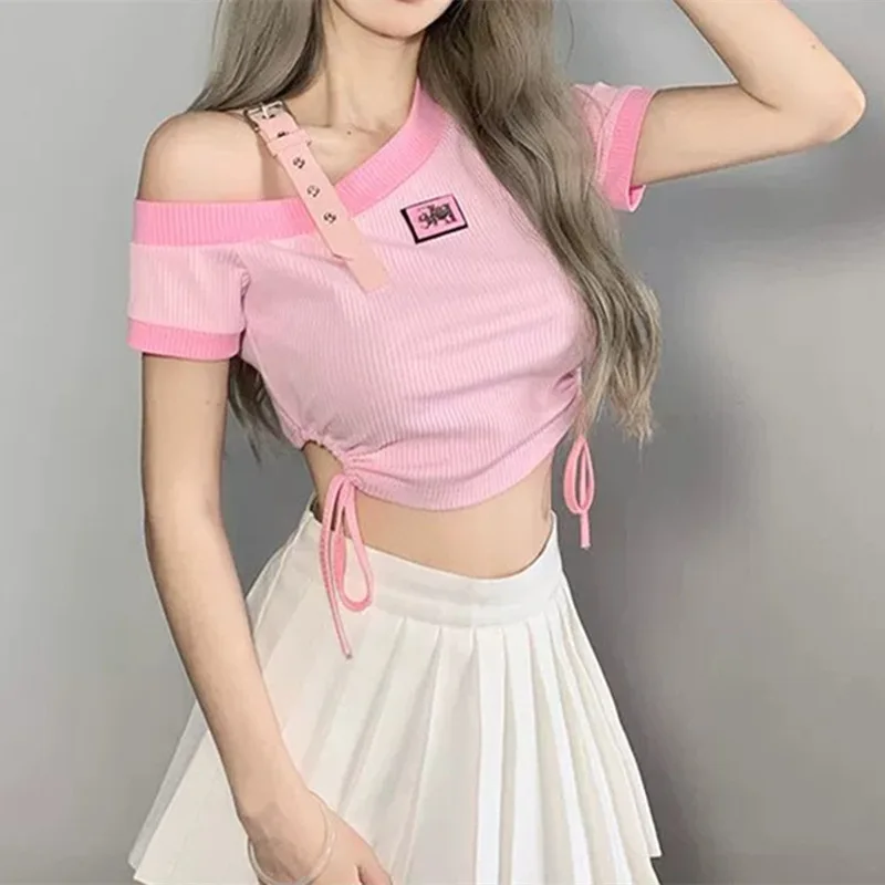 Skew Collar Single Shoulder Girdle Tshirt Women Cute Tees Y2k Punk Summer Draw String Contrast Color Crop Top Slim Short T-shirt