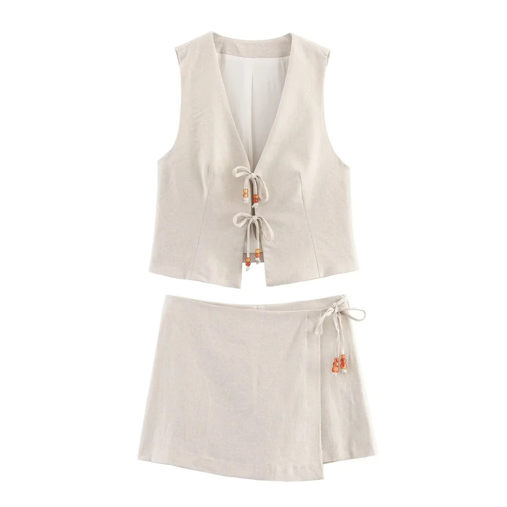 Zach Ailsa womens fashion V-neck beaded lace up sleeveless vest summer new high waisted casual versatile shorts