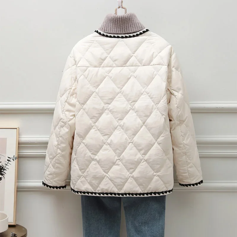 New Block Color Women Down Jacket Short White Duck Down O-Neck Fashion Coat Single Breasted Long Sleeeve Tide Warm Fit Winter