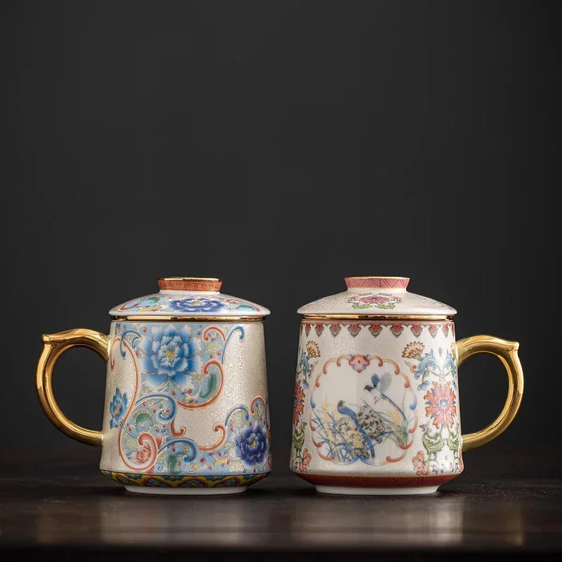 YJQ sterling silver filigree enamel color office pair cup personal special tea separation ceramic mug with lid