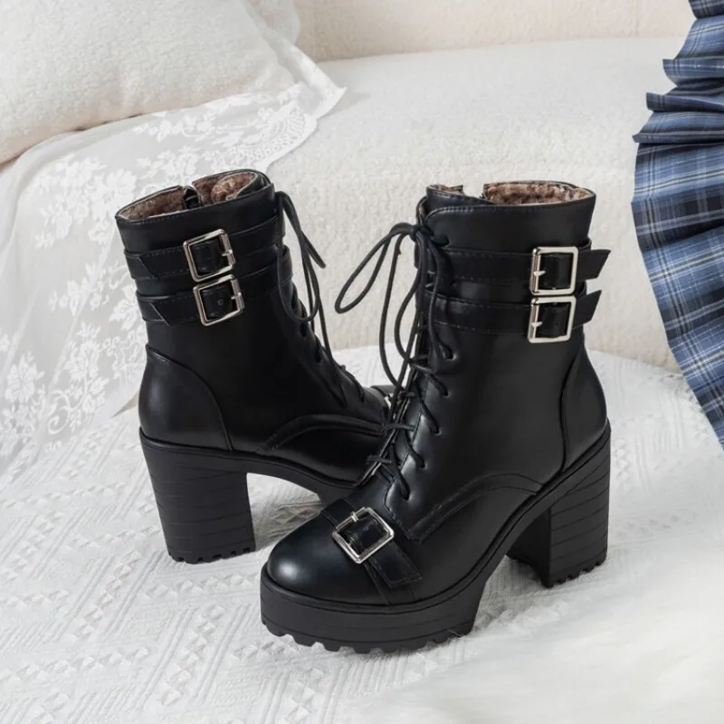 New Cross Tie Straps Belt Buckle Side Zipper Short Boots European American Plush Warm Waterproof Platform Women Ankle Boots34-43 image 2