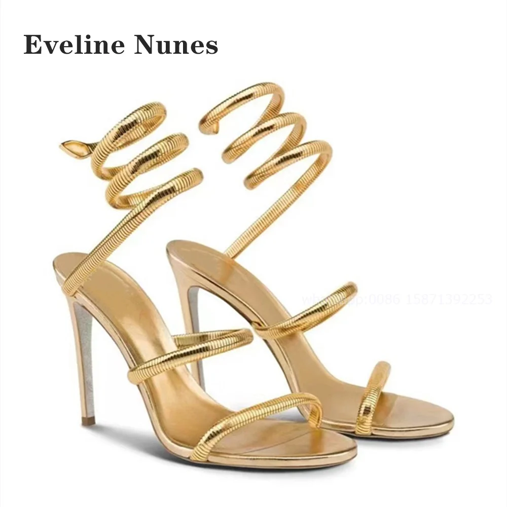 

Straight Strap Snake-Like Sandals Open Toe Stiletto Side Air Back Hollow Women High Heels Slip On Gold Sexy Party Shoes Summer