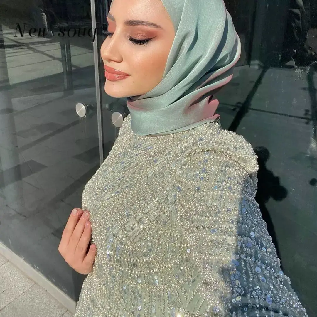 Puffy Sage Green Tea Length Heavy Beaded Evening Dresses Muslim Long Sleeves Elegant Wedding Guest Gowns for Women Party Prom