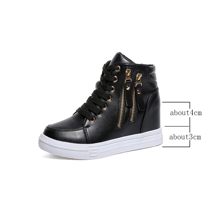 New Women Wedge Platform Sneakers Rubber PU Leather High Heels Lace Up Shoes Height Increasing Creepers White Black Shoes Casual