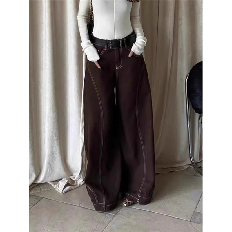 ZHIZOU High Waist Wide Leg Denim Jeans Women's Baggy Trousers American Retro Y2K 90s Brown Line Design Street Hip Hop Long Pants