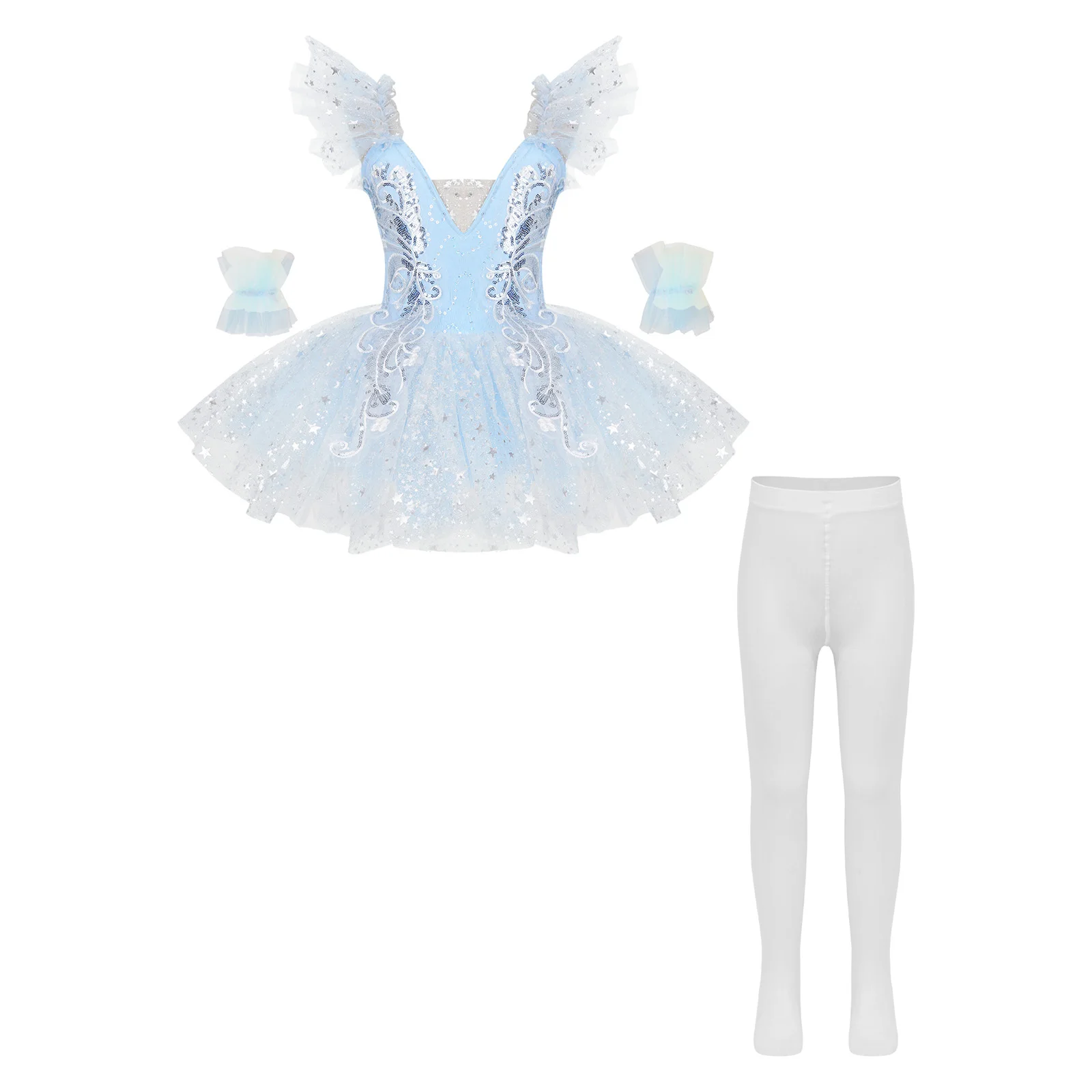 

Kids Girls Ballet Dance Performance Princess Dress Sequin Tulle Tutu Dress with Cuffs and Pantyhose for Stage Performance