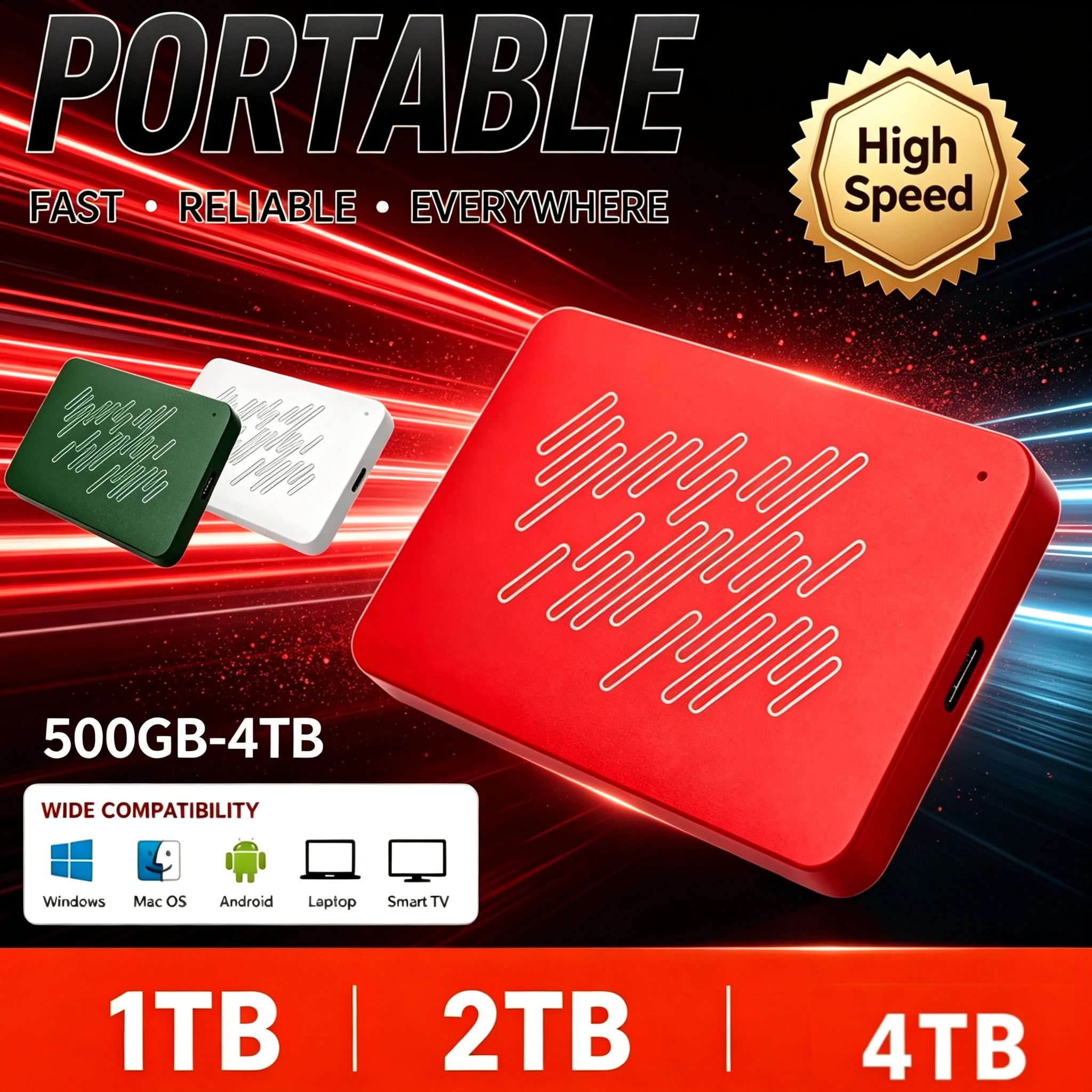 4TB Portable USB3.0 SSD A3 Series External Hard Drive, 500GB 1TB 2TB 4TB Black Solid State Disk for Gaming Console & Office Gift