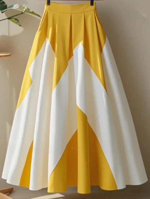 Women's Elegant High Waist Maxi Skirt Yellow White Geometric Color Block Pleated A-line Skirt For Daily Office Party Outfits