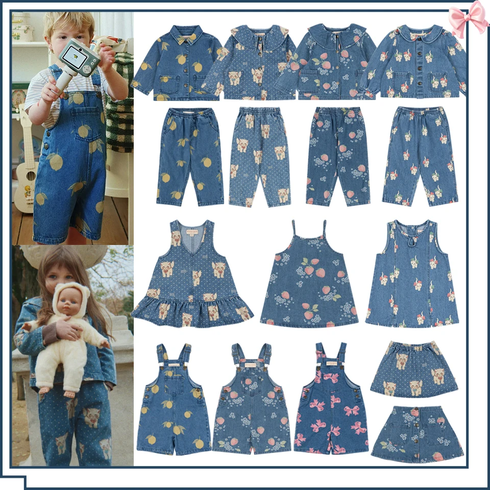 26 KS Toddler Girls Denim Overalls Boys Lemon Jacket Jeans Girl Cat Vest Dress Children Clothes Set Kids Fashion Outerwear Pants