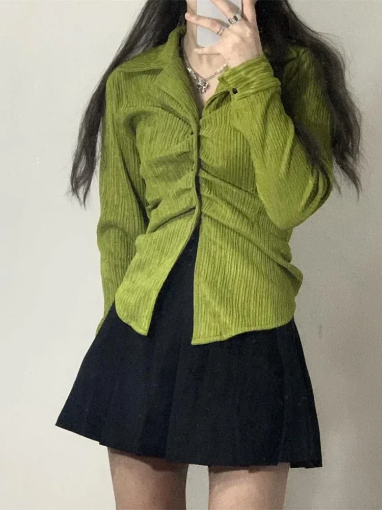 

Shirts Women Shirring Slim Chic Green Vintage All-match Tops Spring Fall Temperament Femme Elegant Harajuku Long Sleeve Blusas