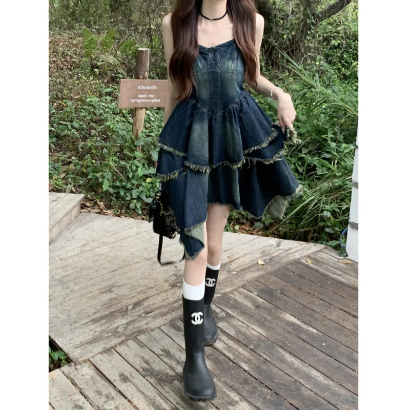 Oversized Vintage Denim Dress Women's Y2K Cake Spicy Girl French Strap Loose Street Tassels Distressed Suspenders Dresses