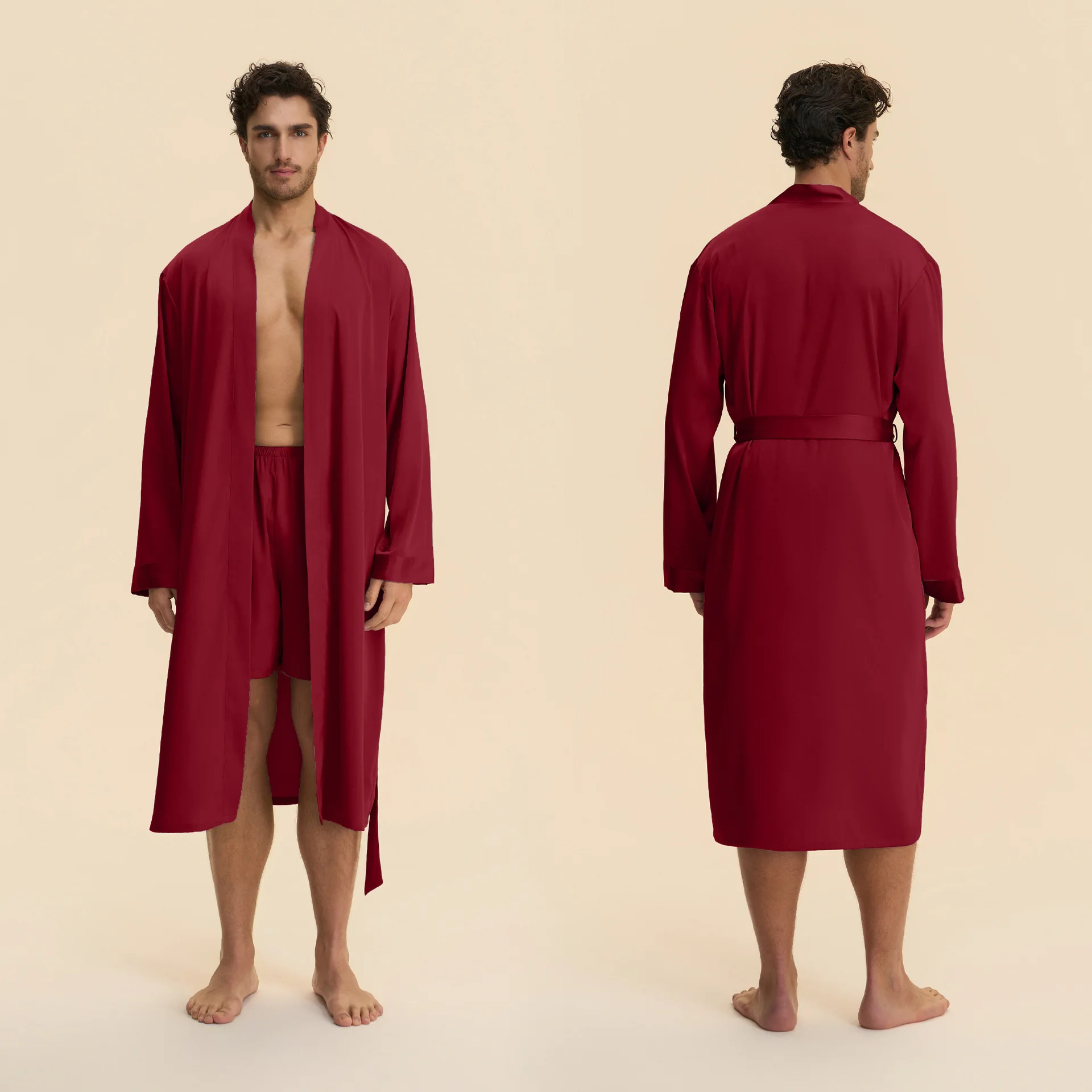 New Men Long Robe Pajamas Two-Piece Set Silk Satin Sleepwear Homewear Casual Kimono Bathrobe Gown Shorts Loungewear Pijamas Suit view 6