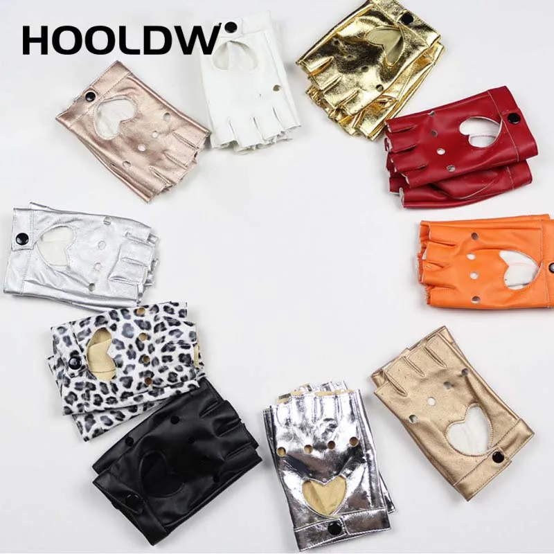 HOOLDW New Cycling Fingerless Gloves Fashion Women PU Leather Gloves Dancing Party Show Costume Breathable Half Finger Mittens