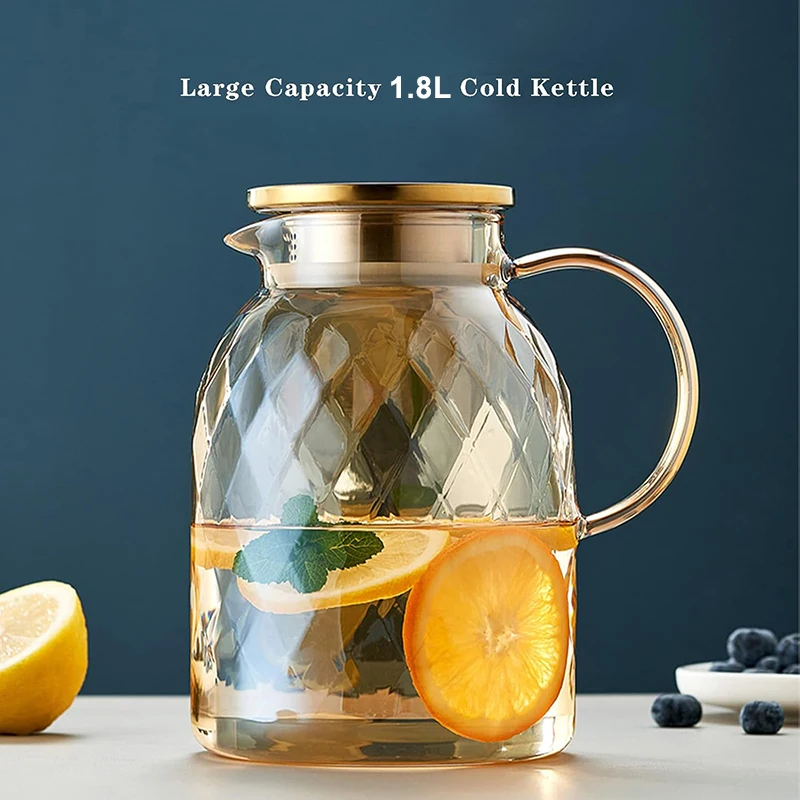 Amber Glass Pitcher With Lid Borosilicate Kettle For Juice Coffee Iced Tea Hot Cold Beverage Lemonade Fridge 1.8L/60oz