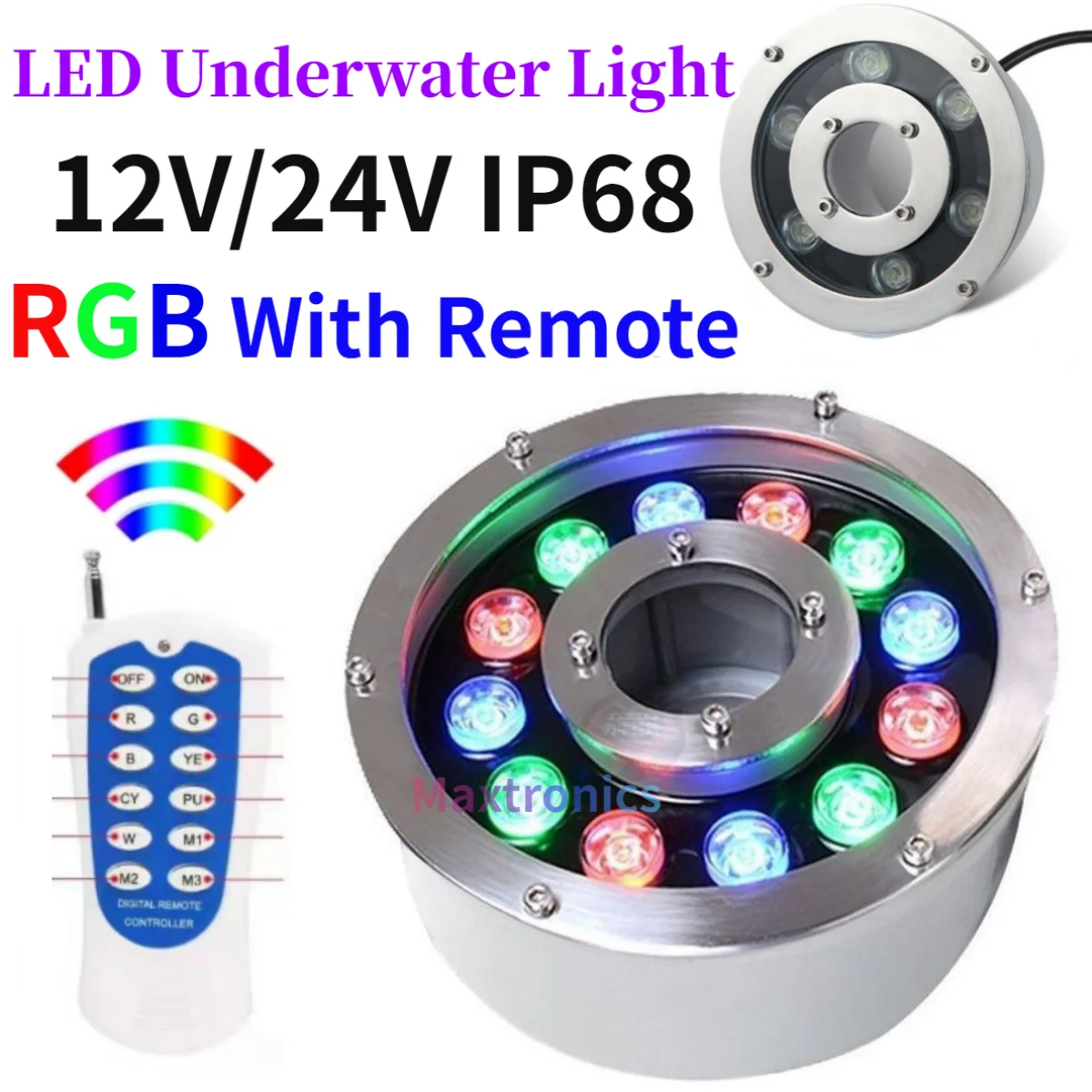 ضوء RGB LED تحت الماء مع جهاز تحكم عن بعد ، IP68 مقاوم للماء ، مصباح إضاءة للحديقة ، ديكور إضاءة النافورة ، 12 فولت ، 24 فولت