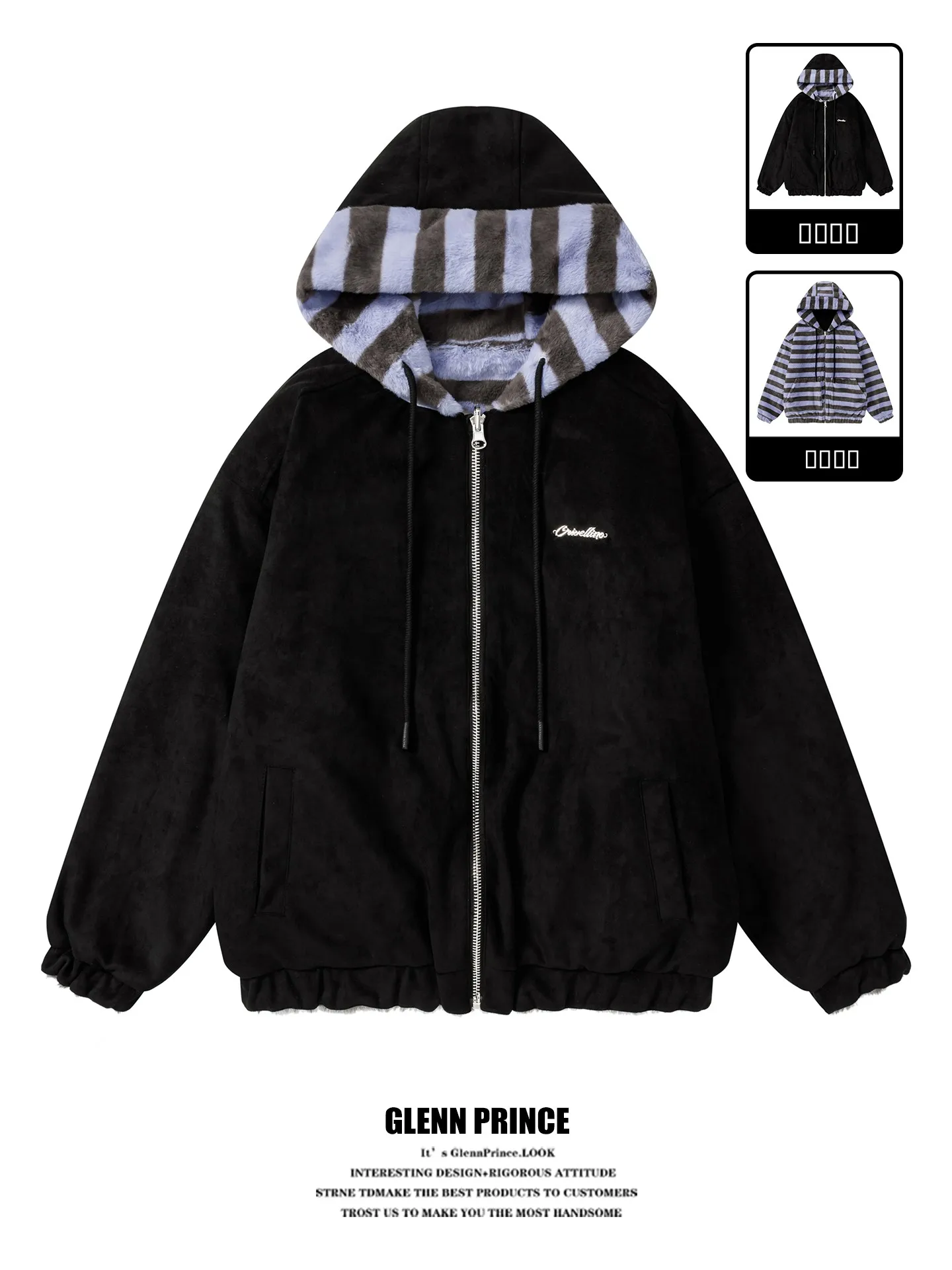 

GPstudio American Retro Color Blo Stripe Double Sided Wear Hooded Cotton Jaet Men Winter Lazy Thiened Plu Outerwear