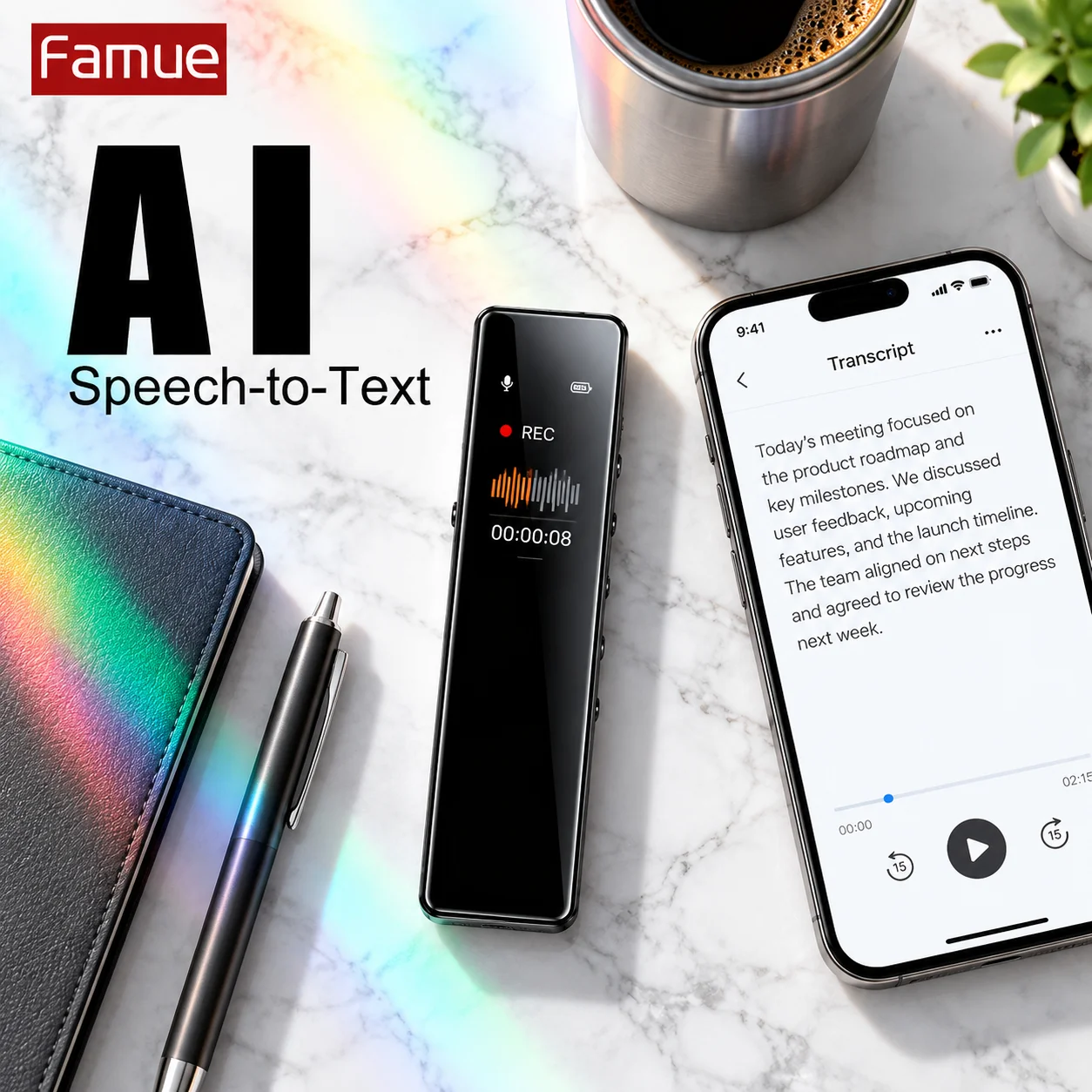 AI Digital Voice Recorder Voice to Text Translation 72 Languages, HD Noise Reduction Audio Recording Pen for Lecture Office 64GB