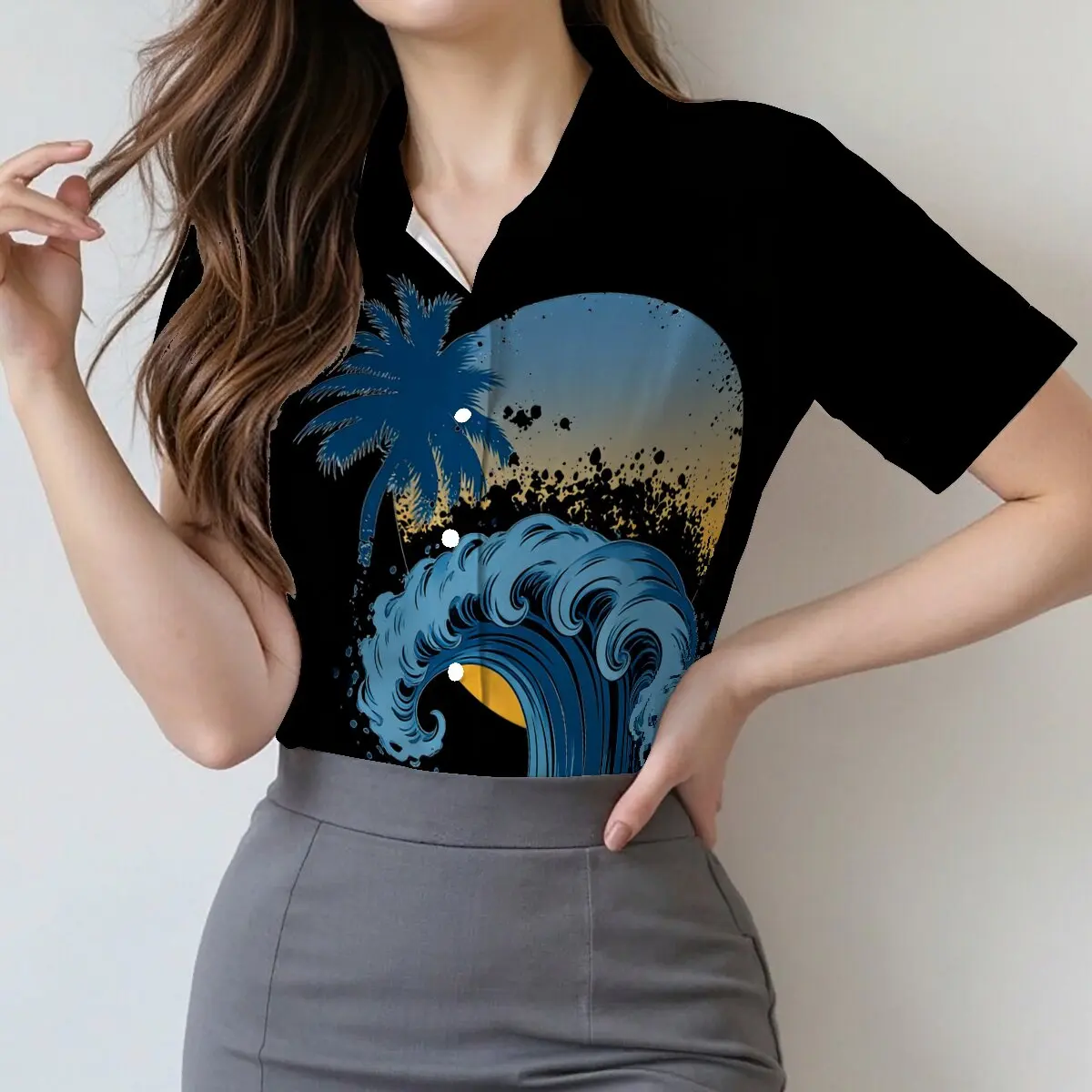 

Summer women's short-sleeve shirt with vacation and travel elements, suitable for daily outings, casual activities and workplace