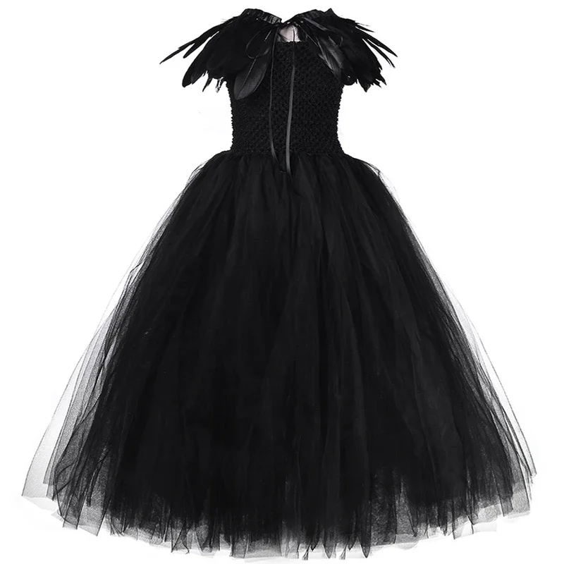 Black Maleficant Long Costumes for Girls Witch Queen Halloween Lined Dresses with Horns Feather Wings Kids Full Length Outfi@0Z*