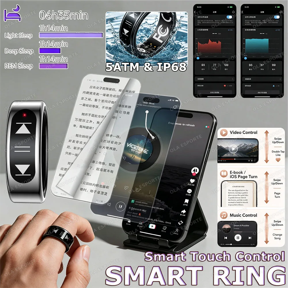 Ola Esporte E-book/Music/ Video Control Smart Ring Heart Rate Sleep Health Monitoring Sports Pedometer 5ATM Waterproof Smartring