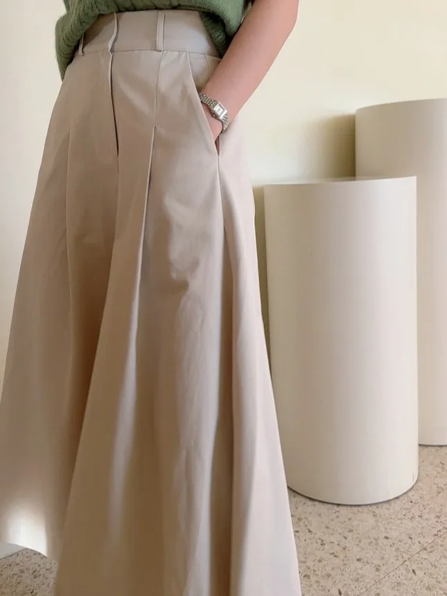 Saia Midi de Cintura Alta Faion para Mulheres Saia ande com Cintura Elástica Chique Saia em Linha A Cor Simples Estilo de...