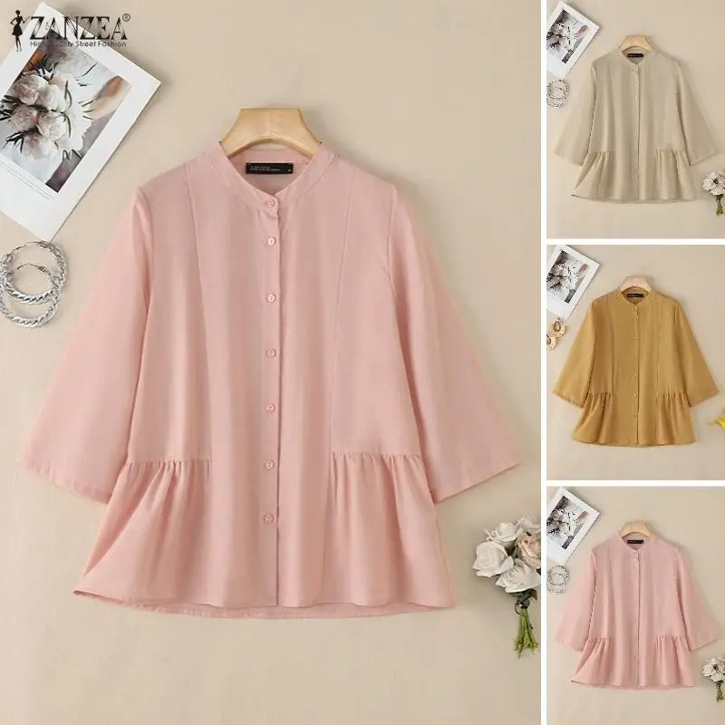 

2026 ZANZEA Summer Elegant Shirt Women Blouse Casual O Neck 3/4 Sleeve Work Tops Female OL Work Blusas Mujer Buttons Chemise